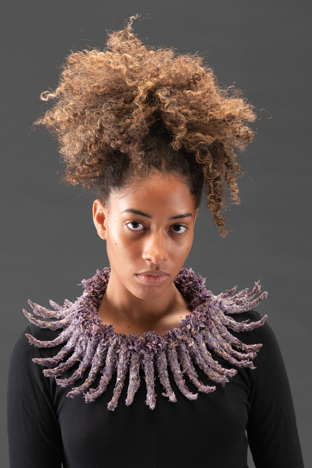 Spicule Necklace IX, 2021, copper, phosphorous bronze, desert willow flowers, 1.5 x 14.5 x 13 in. (3.75 x 36.75 x 33 cm), photographed by Professor Robly Glover