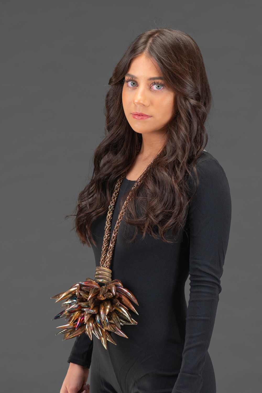 Spicule Necklace I, 2021, copper, brass, nickel, heat patina, 22 x 7 x 6 in. (55.75 x 17.75 x 15.25 cm), photographed by Professor Robly Glover