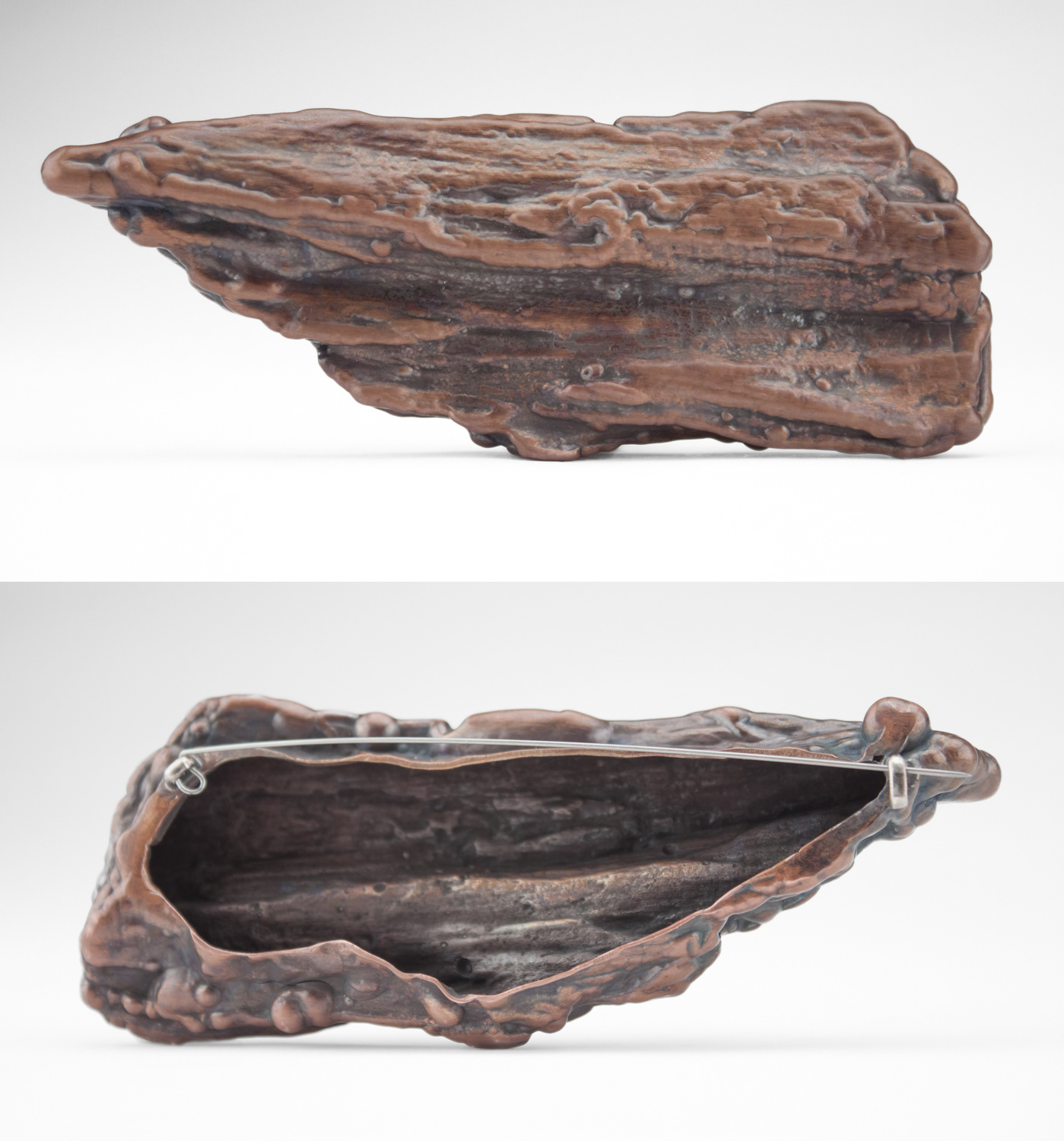 Undecomposing Brooch, 2022, electroformed, copper, sterling silver, steel, patina,  4.5 x 1.75 x 0.75 in. (11.5 x 4.5 x 2 cm), photographed by Clayton Salley