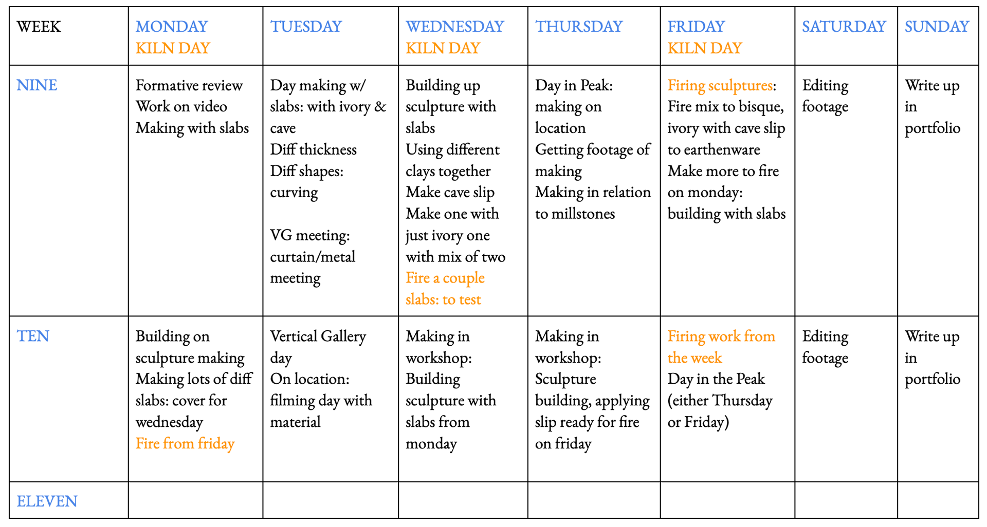 Timetable for next few weeks