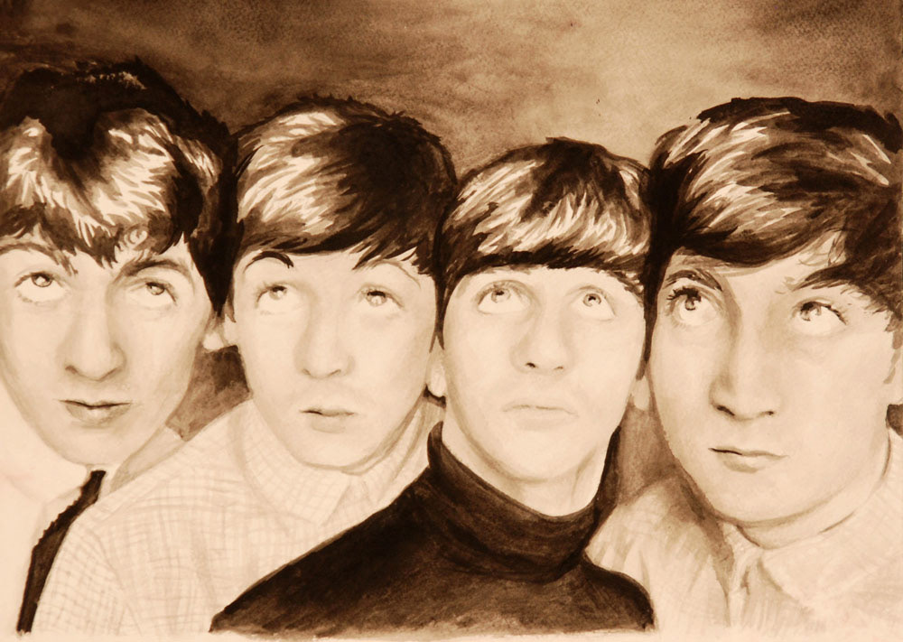 An ink wash of the faces of The Beatles all looking up curiously.