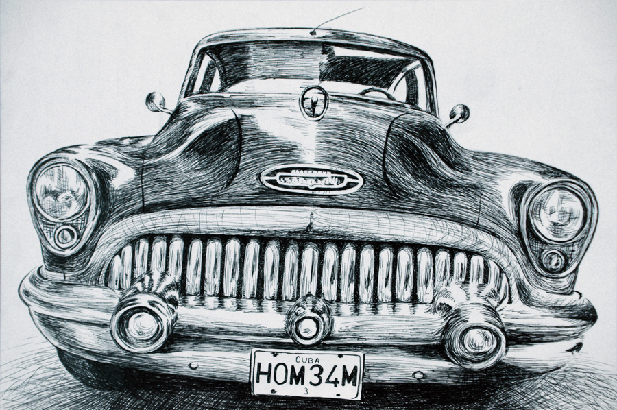 A sketch in pen of the front of an old car.