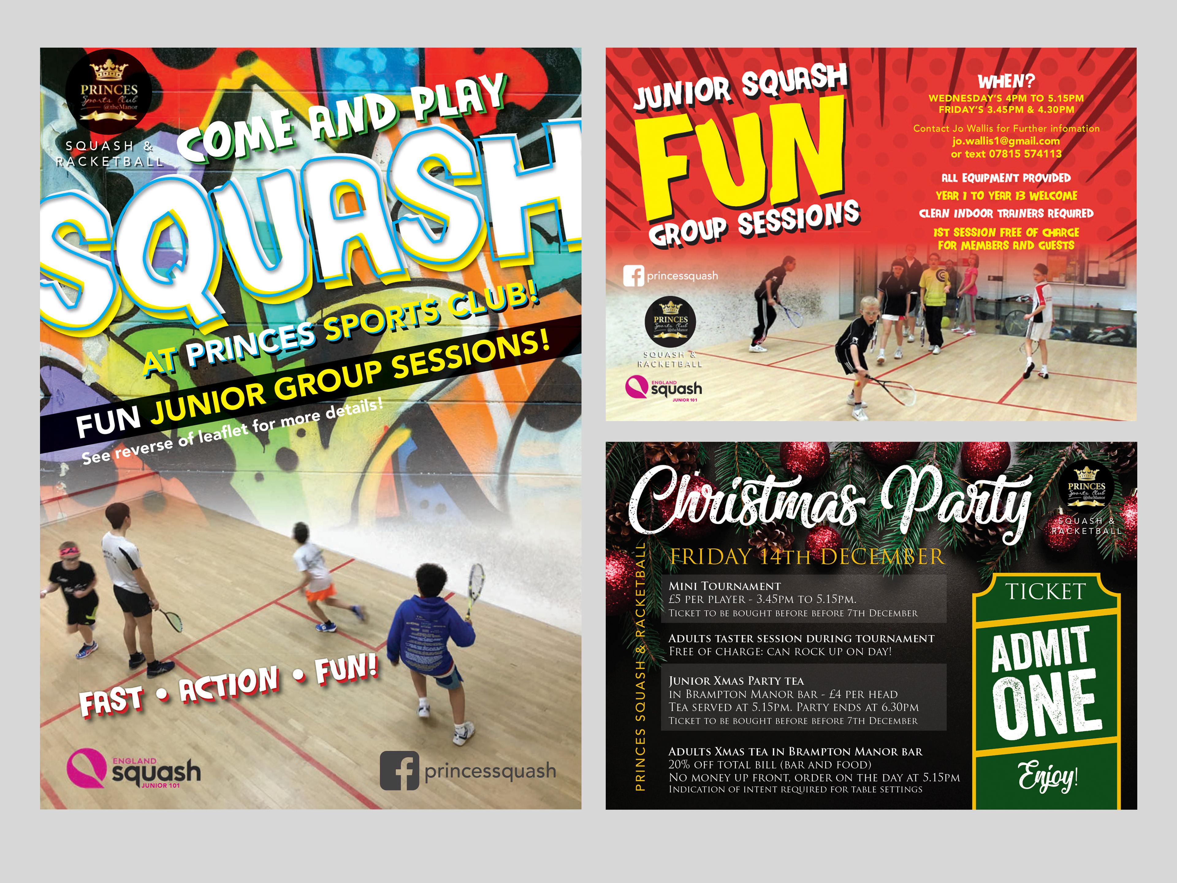 Flyers and posters created for a local squash club.