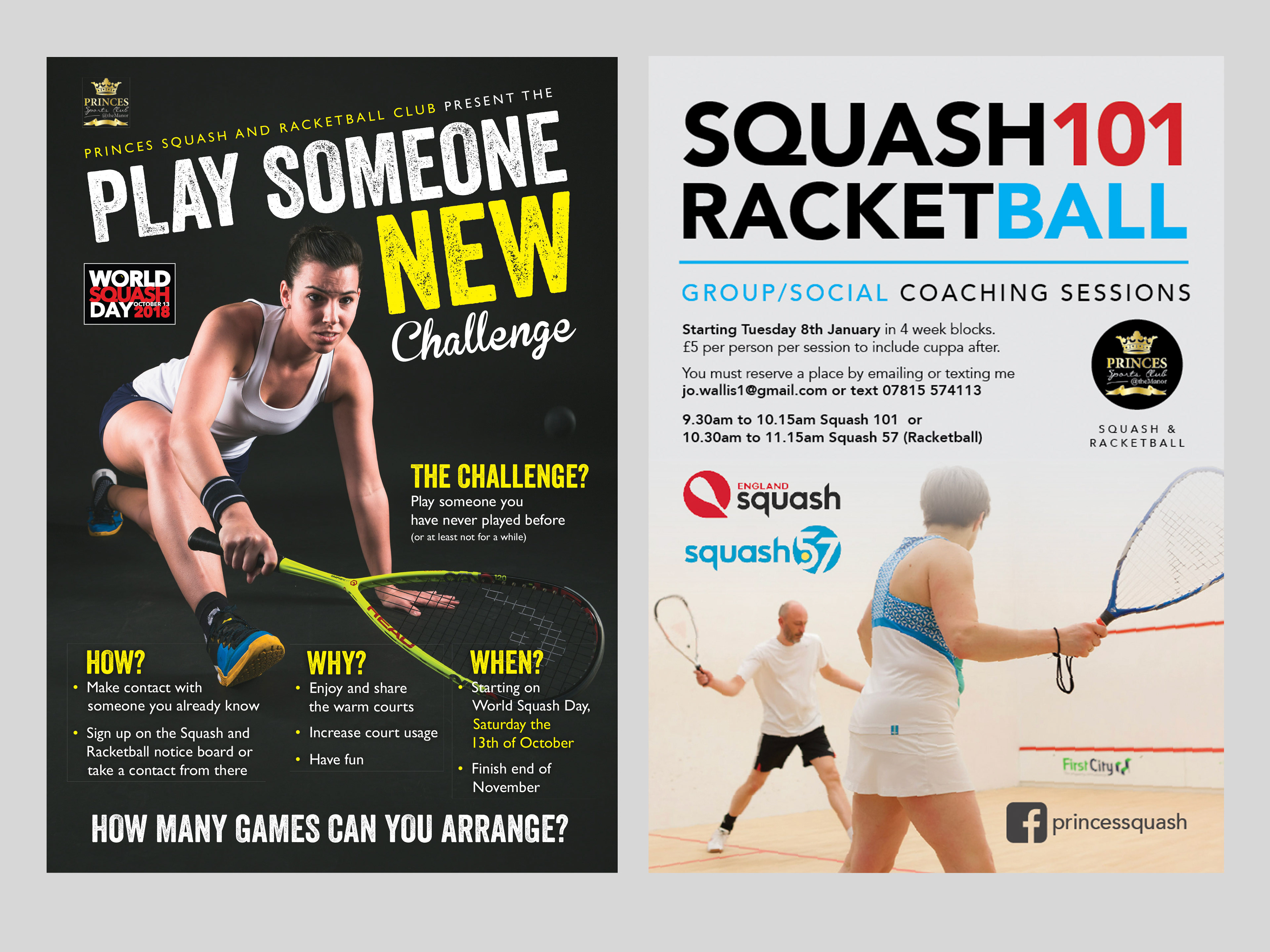 Flyers and posters created for a local squash club.