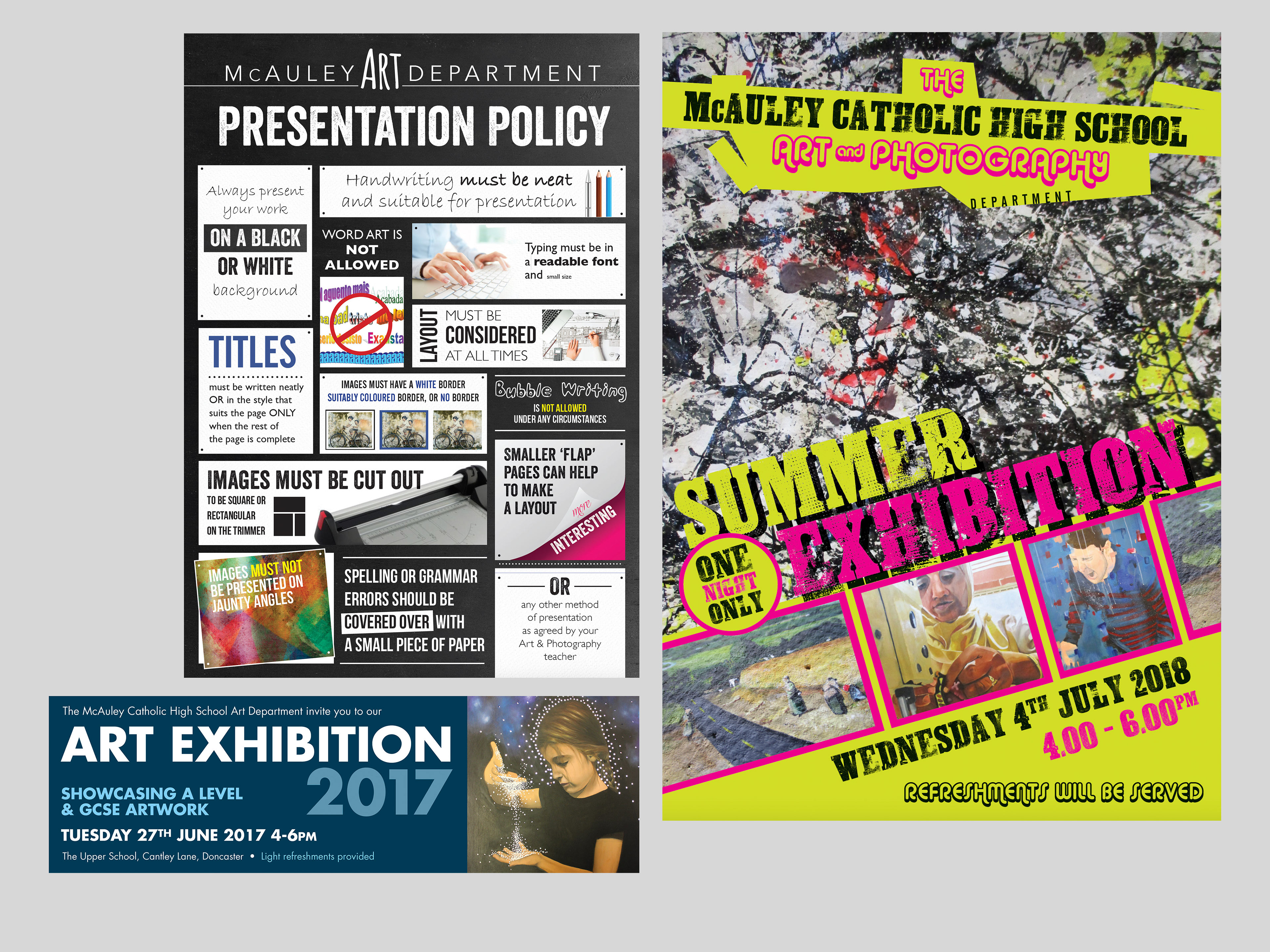 Here is a poster, banner and flyer created for McCauley High School Art Department.