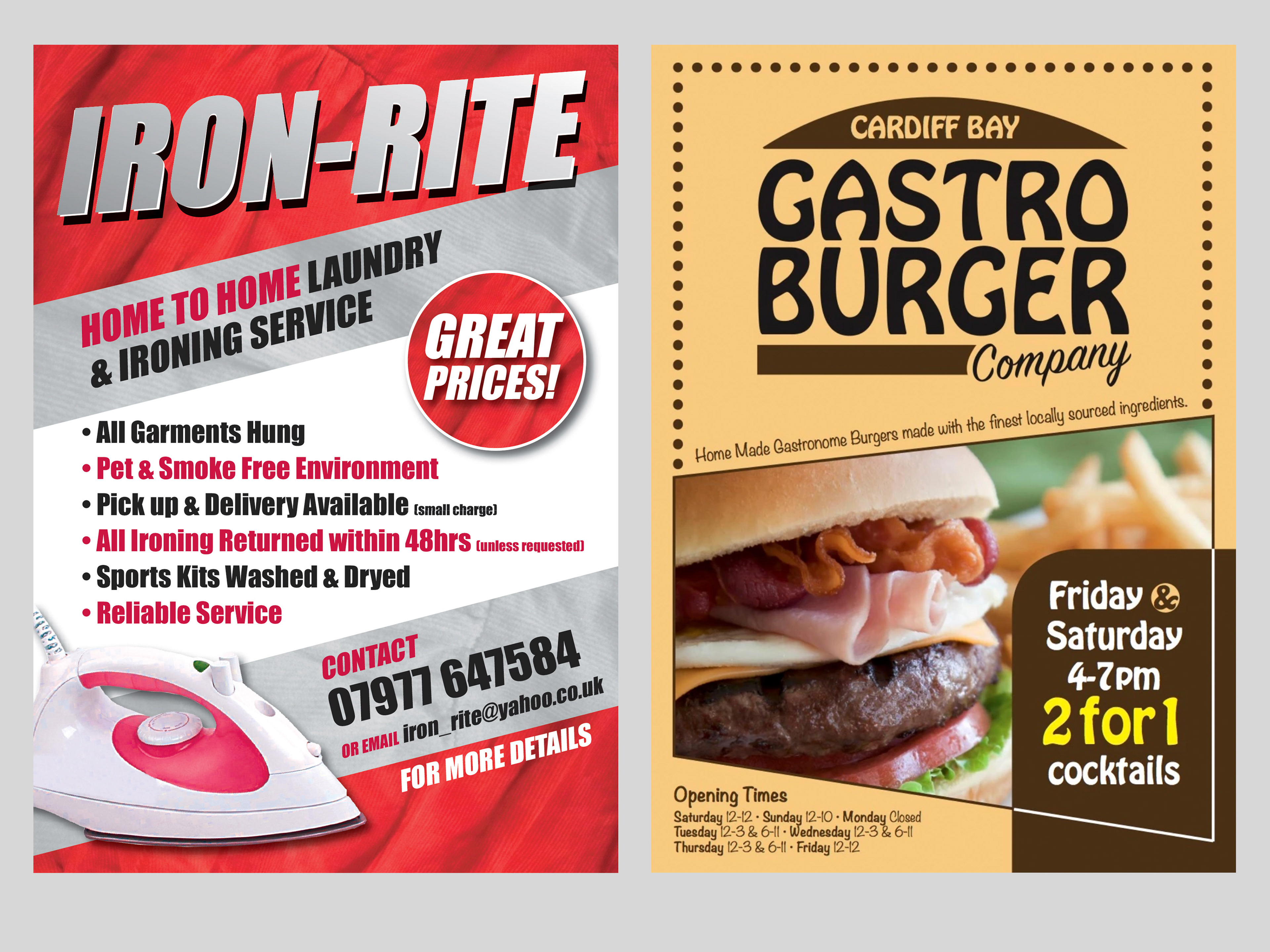 Flyers created for businesses based in Cardiff, Wales.