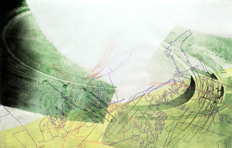 “Site XI,†Paper lithography, woodcut, graphite and colored pencil, 19 x 29.75 in., 2015