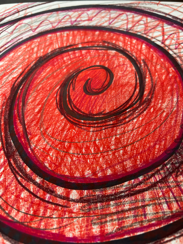 Red spiral (detail), Colored pencil, sharpie and graphite on paper, 2026