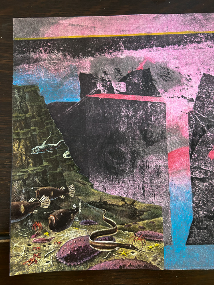 "Water study II (detail), Paper lithography, monotype, collage and colored pencil on paper, 2025