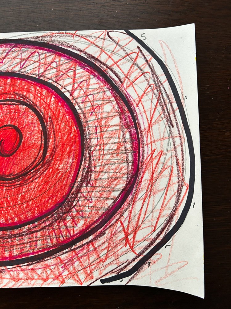 Red spiral (detail), Colored pencil, sharpie and graphite on paper, 2026