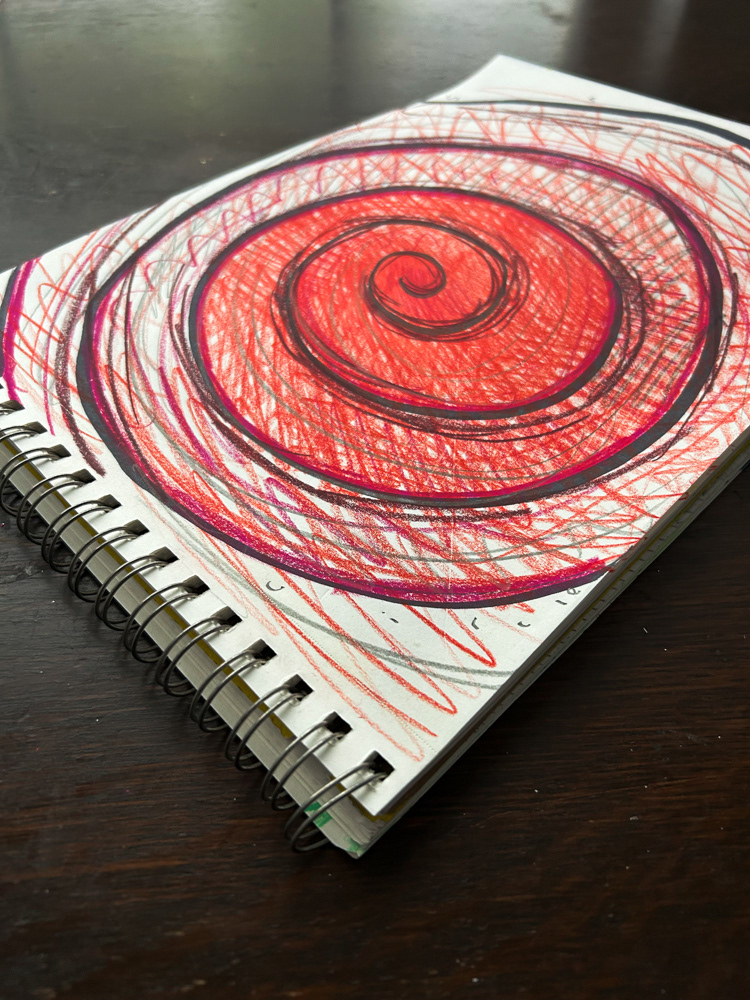 Red spiral, Colored pencil, sharpie and graphite on paper, 2026