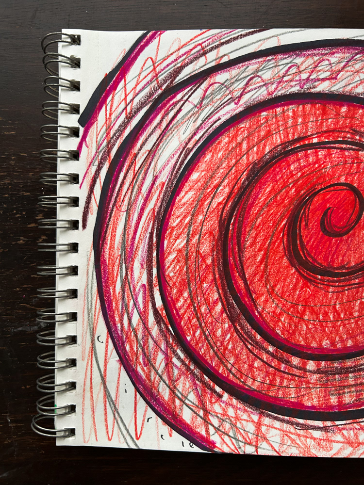 Red spiral (detail), Colored pencil, sharpie and graphite on paper, 2026
