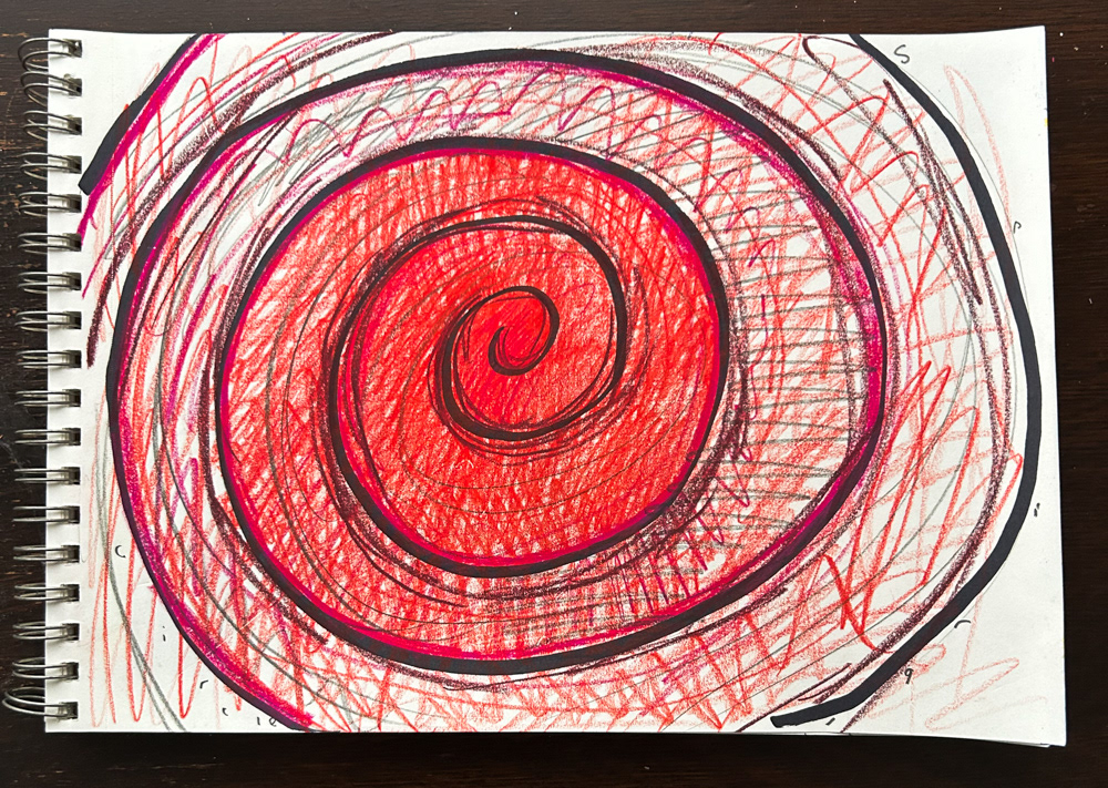 Red spiral, Colored pencil, sharpie and graphite on paper, 2026