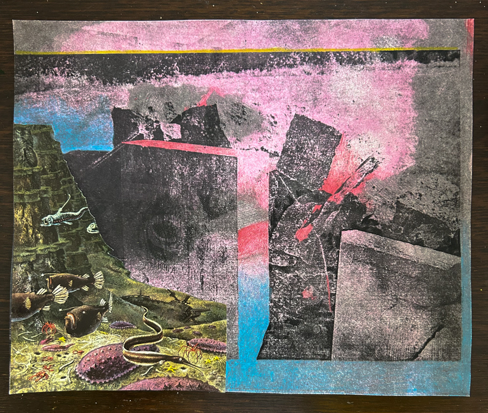 "Water study II, Paper lithography, monotype, collage and colored pencil on paper, 2025