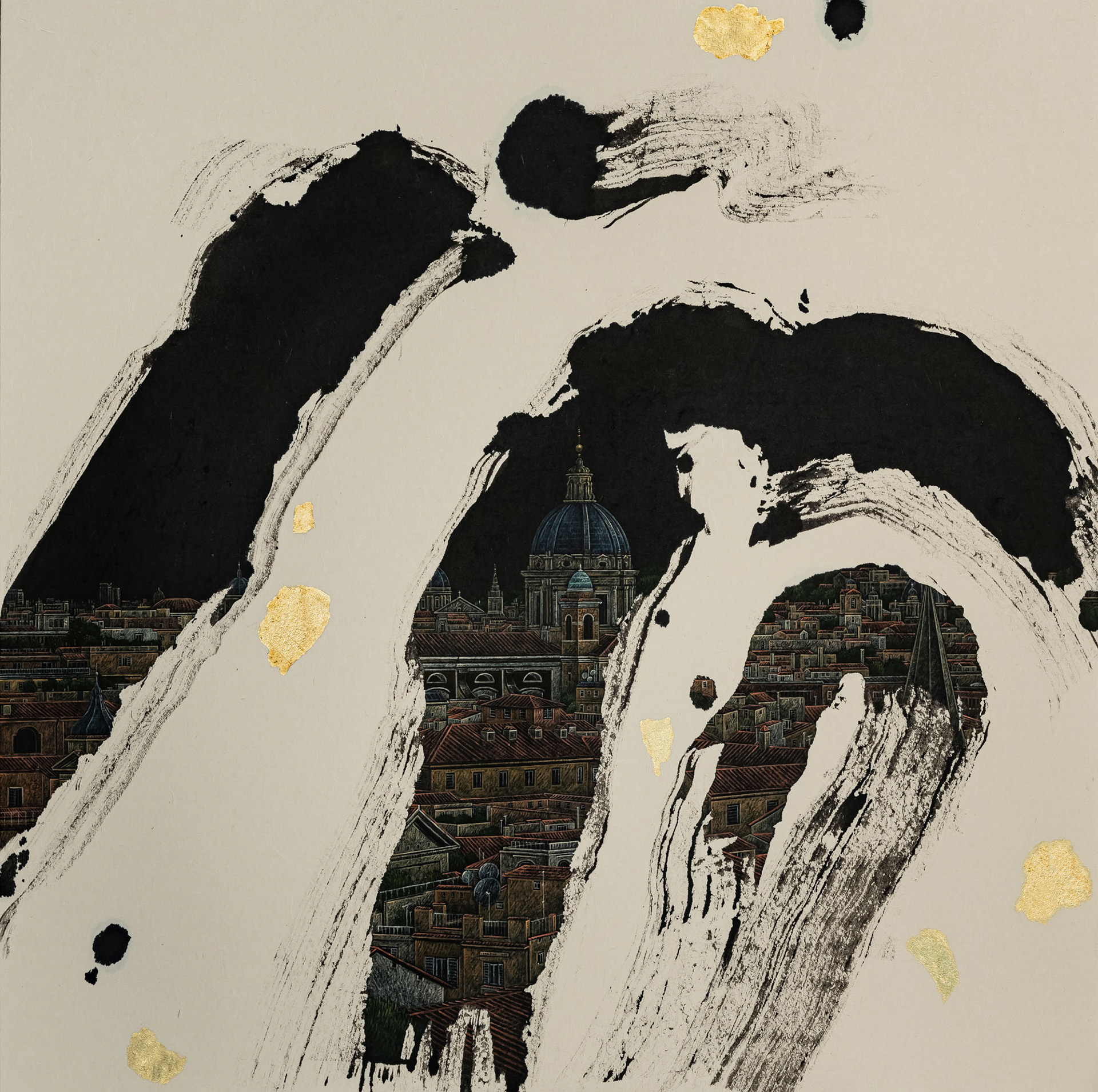A little talk-Rome_ 60.6x60.6cm_Chinese ink, acrylic and gold leaf on Korean paper_2025