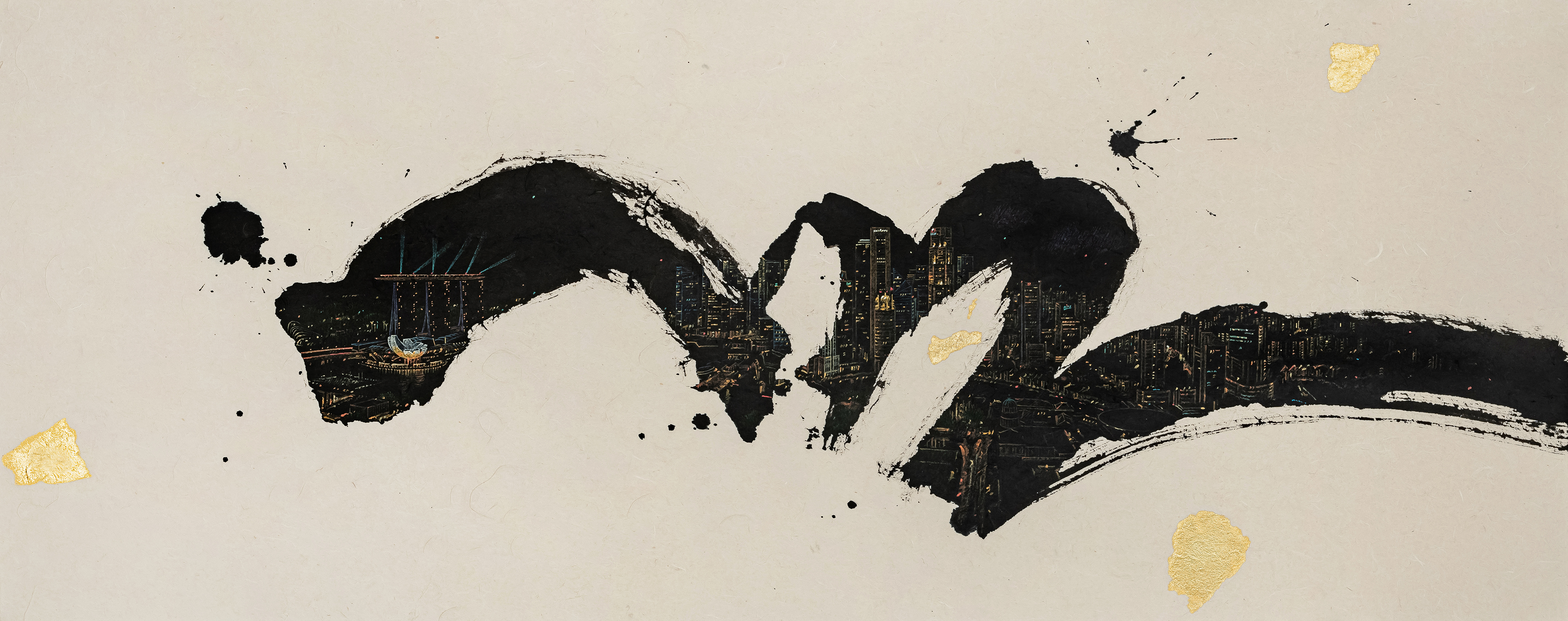 A little talk-Singapore_40x100cm_Chinese ink, acrylic and gold leaf on Korean paper_2024