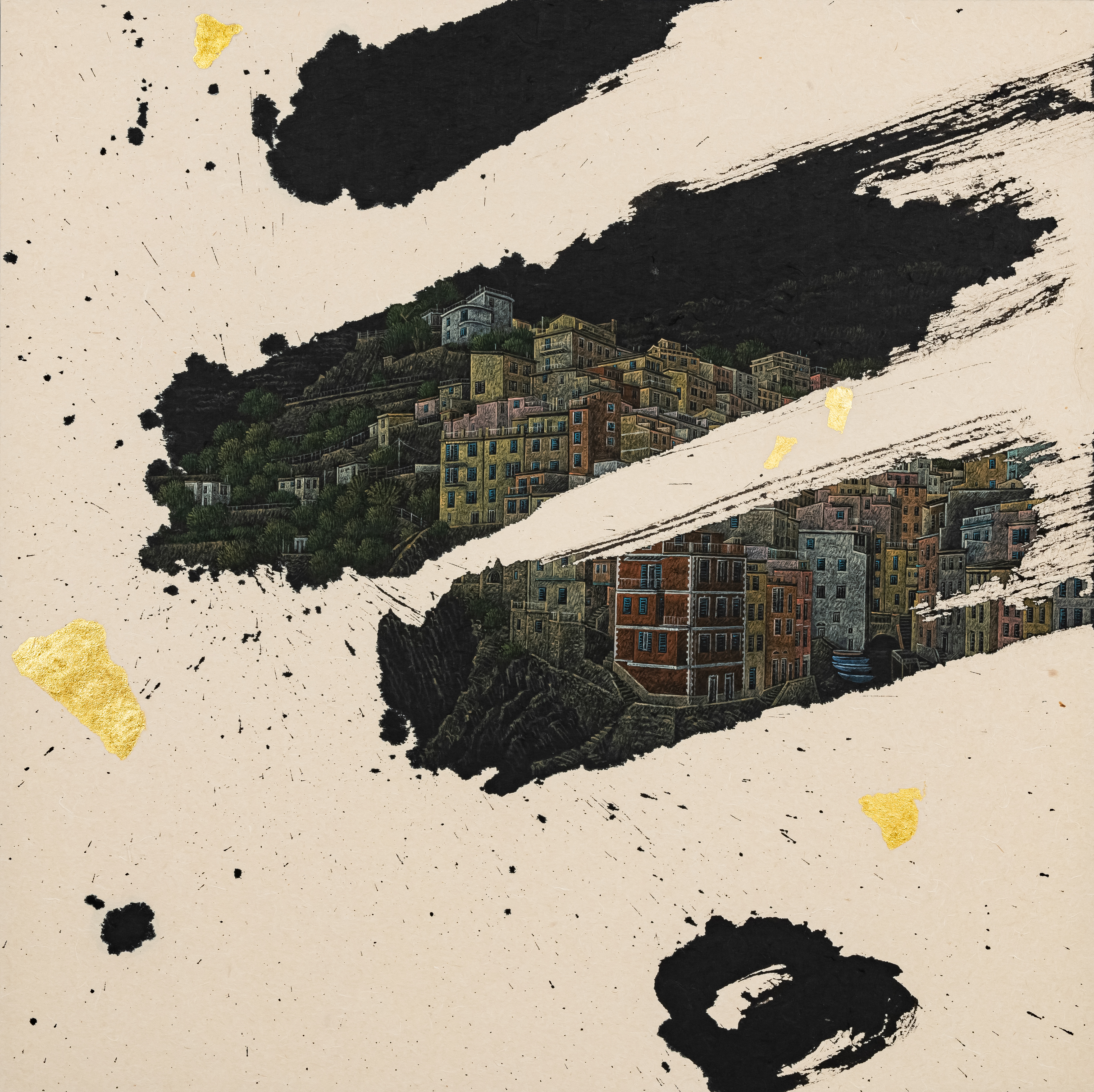 A little talk-Cinque terre_60.6x60.6cm_Chinese ink, acrylic and gold leaf on Korean paper_2025