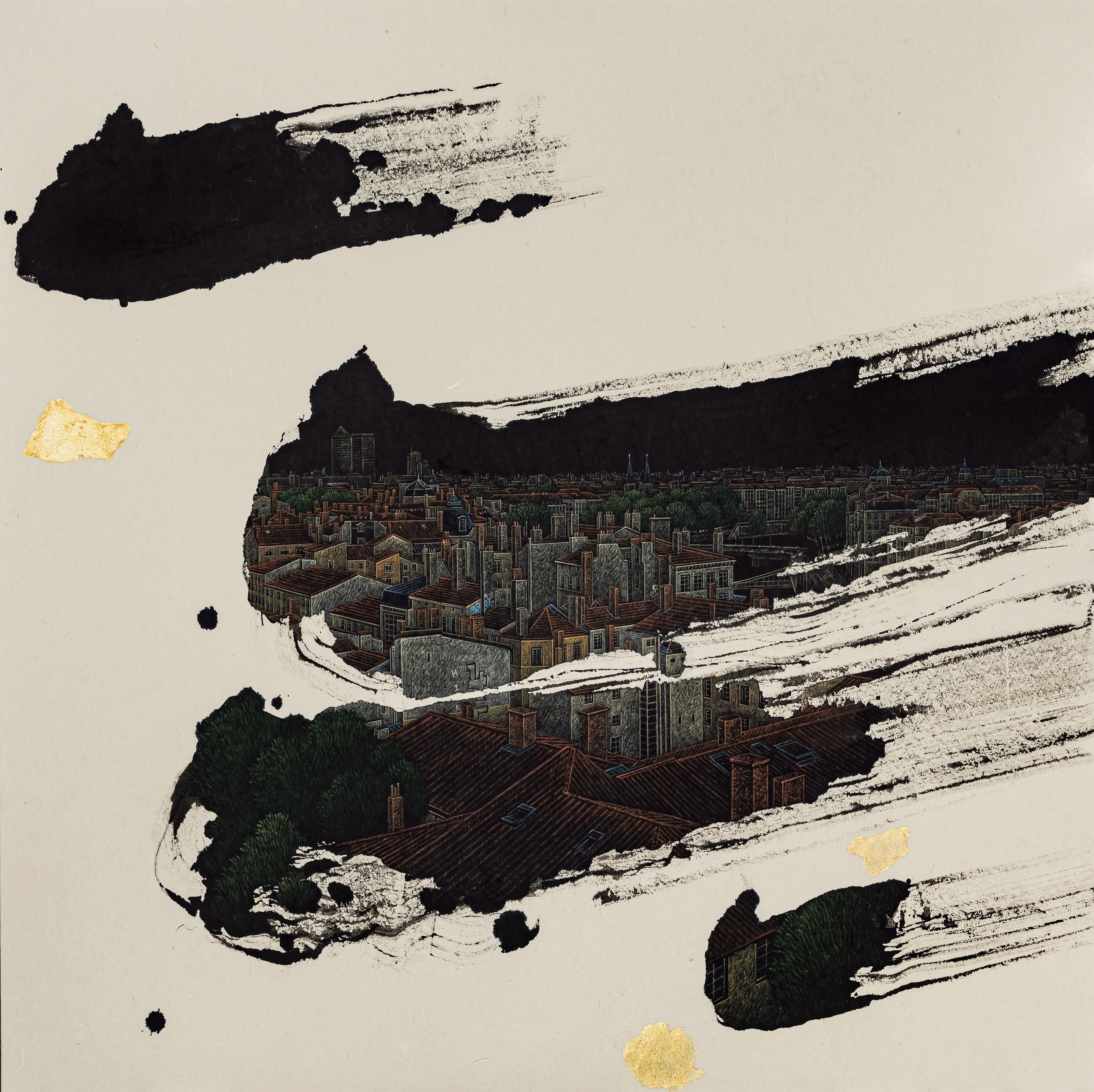 A little talk-Lyon_ 60.6x60.6cm_Chinese ink, acrylic and gold leaf on Korean paper_2024