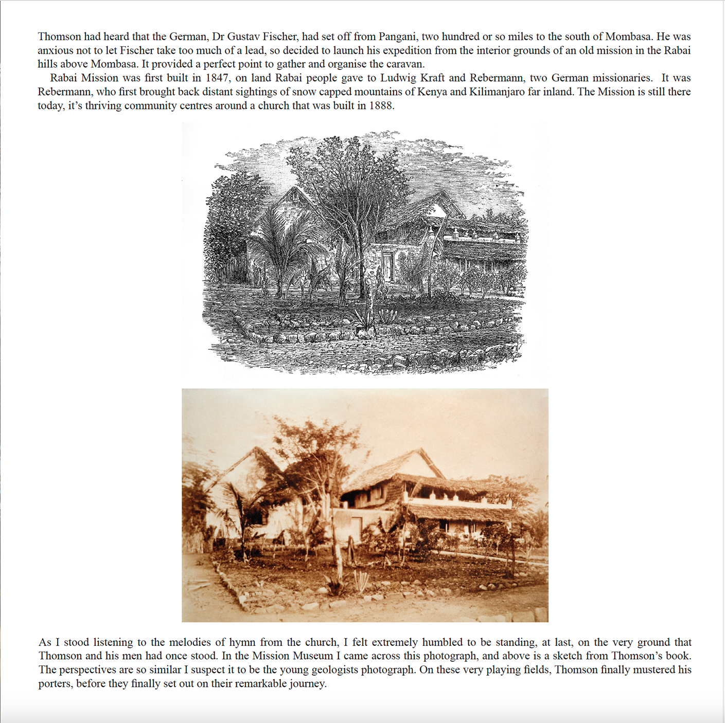 Rabai Mission near Mombasa, showing a 19th-century engraving alongside a modern photograph of the same site, Through Maasailand book.