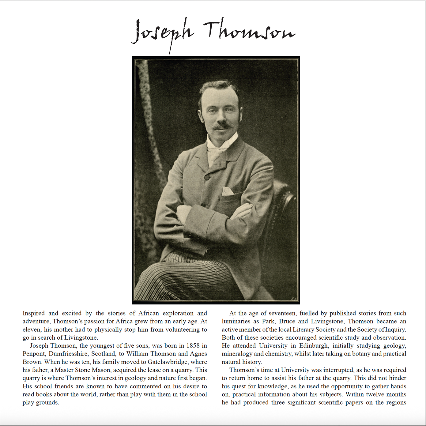 Portrait of explorer Joseph Thomson with biography text, Through Maasailand book spread.
