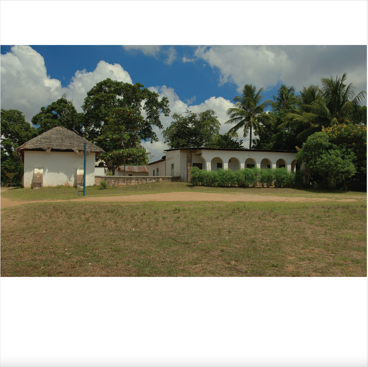 Rabai Mission near Mombasa, showing a 19th-century engraving alongside a modern photograph of the same site, Through Maasailand book.