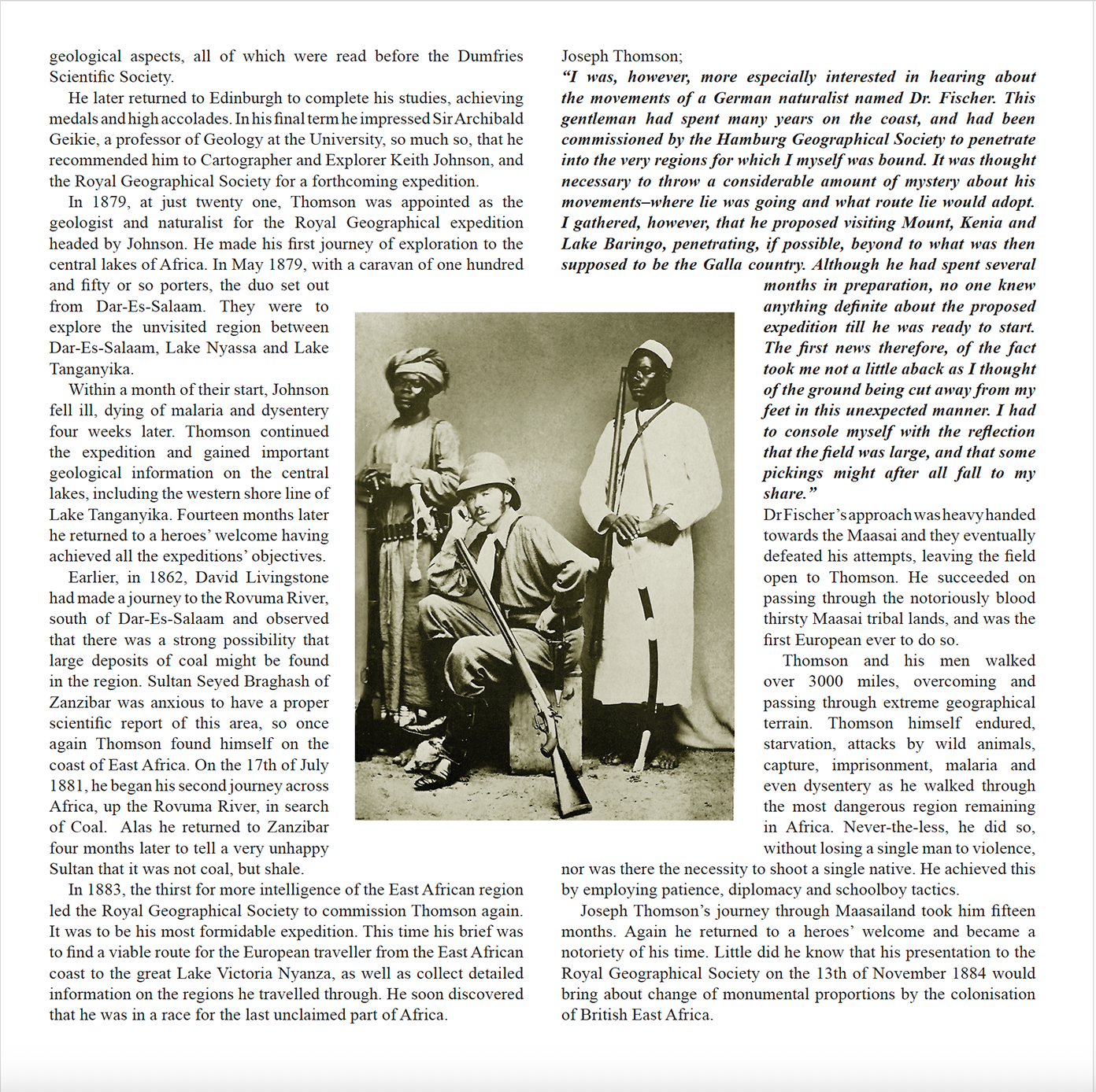 Portrait of explorer Joseph Thomson with biography text, Through Maasailand book spread.