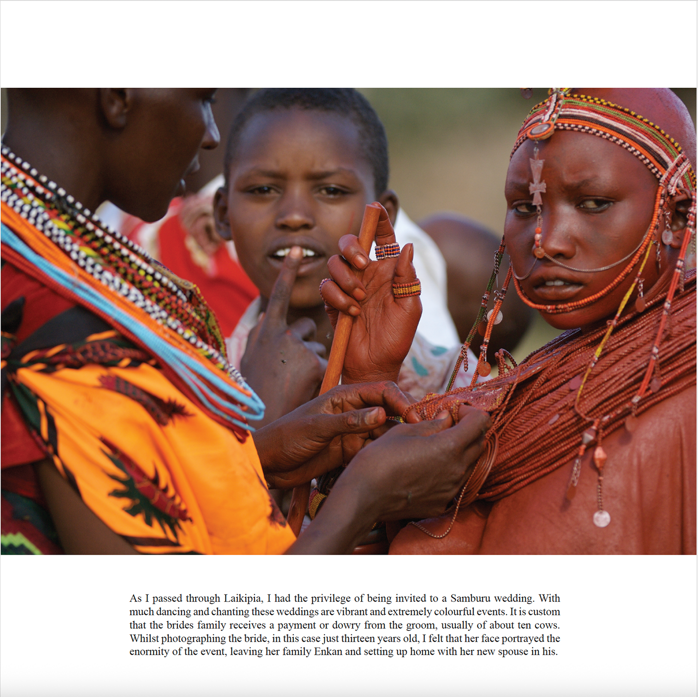 Samburu wedding preparations, close-up of traditional beadwork and dress, Through Maasailand.