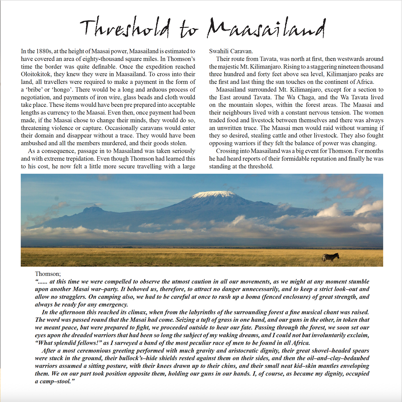 Mount Kilimanjaro across open grassland with a zebra grazing, Threshold to Maasailand chapter.