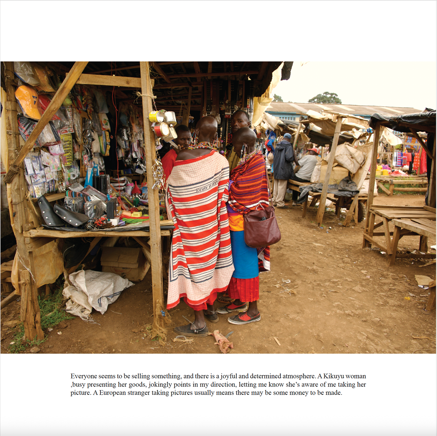 Kikuyu market stall with a Maasai woman shopping, East Africa, Through Maasailand.