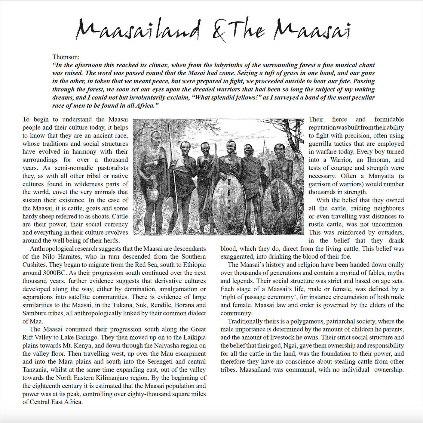 Archival engraving of Maasai warriors with shields and spears, Maasailand & The Maasai chapter, Through Maasailand.