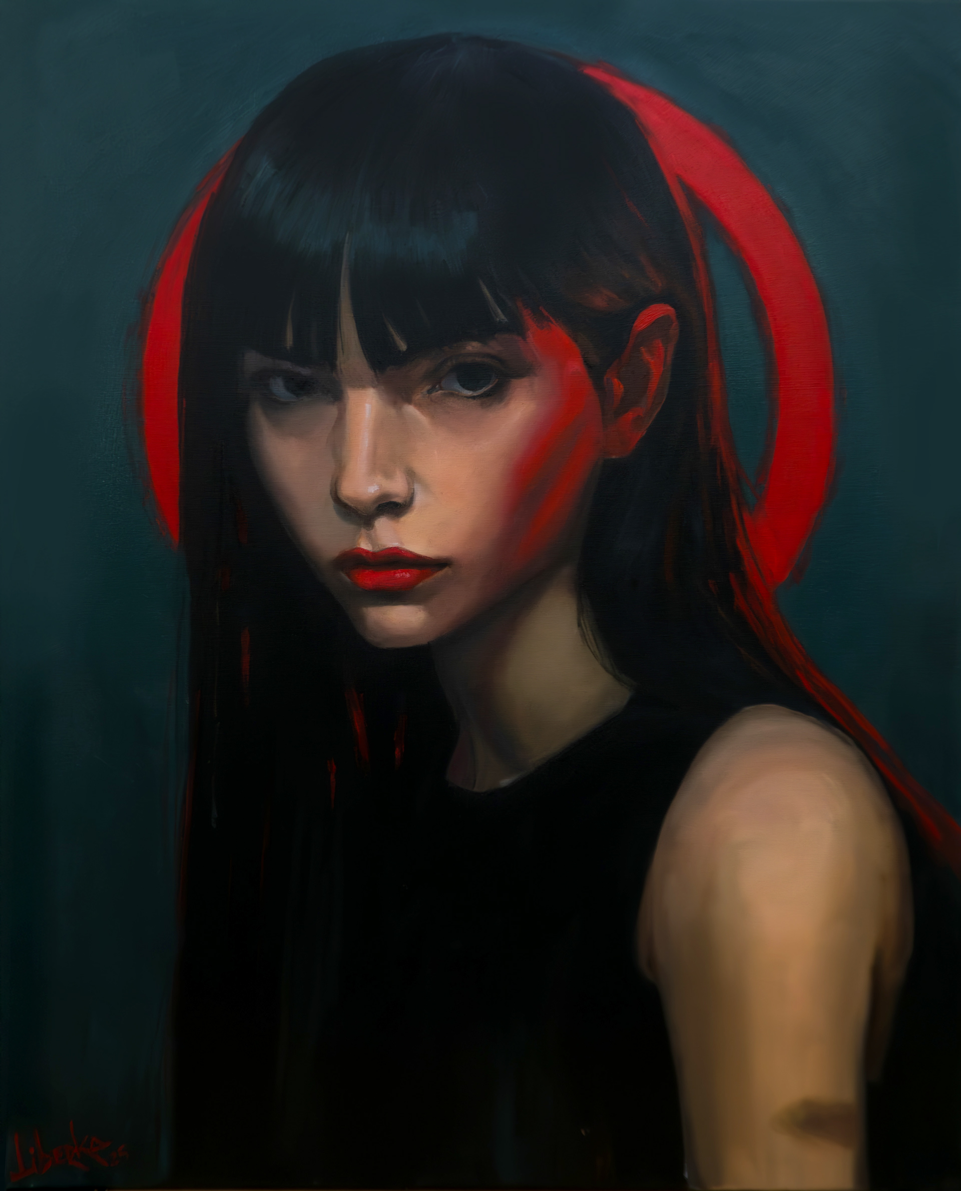 Ein realistisches Ölgemälde einer jungen Frau mit dunklem Haar, die ernst in die Ferne blickt. Hinter ihr leuchtet ein roter Lichtkreis, der dem Porträt eine geheimnisvolle und emotionale Atmosphäre verleiht.