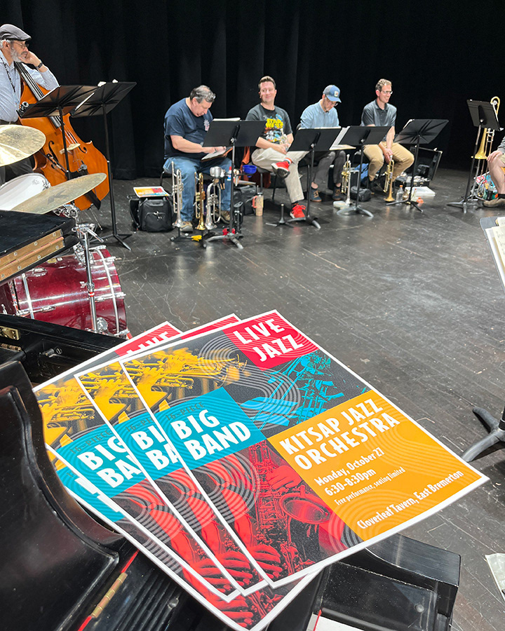 Band rehearsal with posters in the foreground