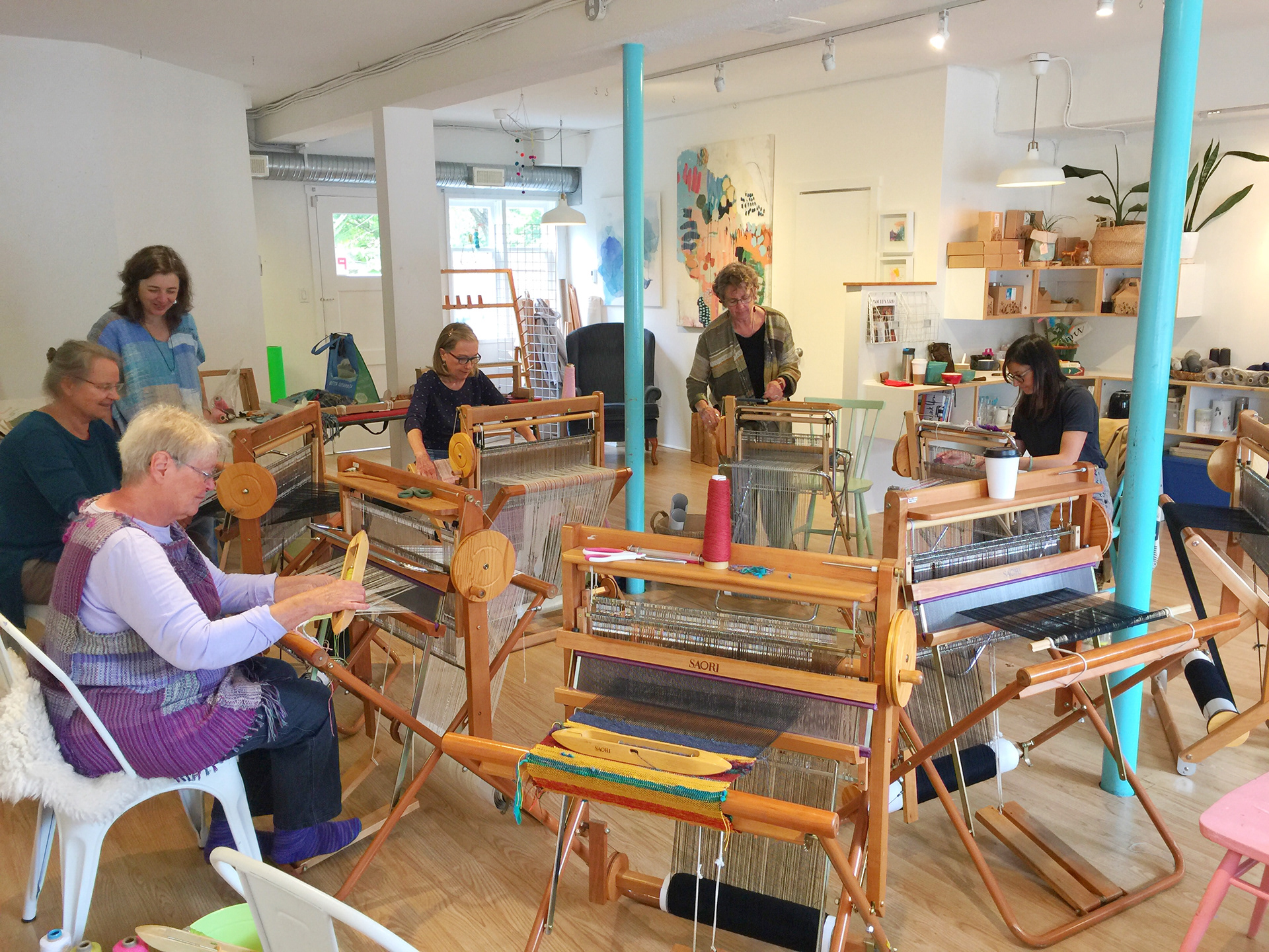 Snapshot of a Saori weaving class, taught by Terri Bibby, in Victoria, BC.