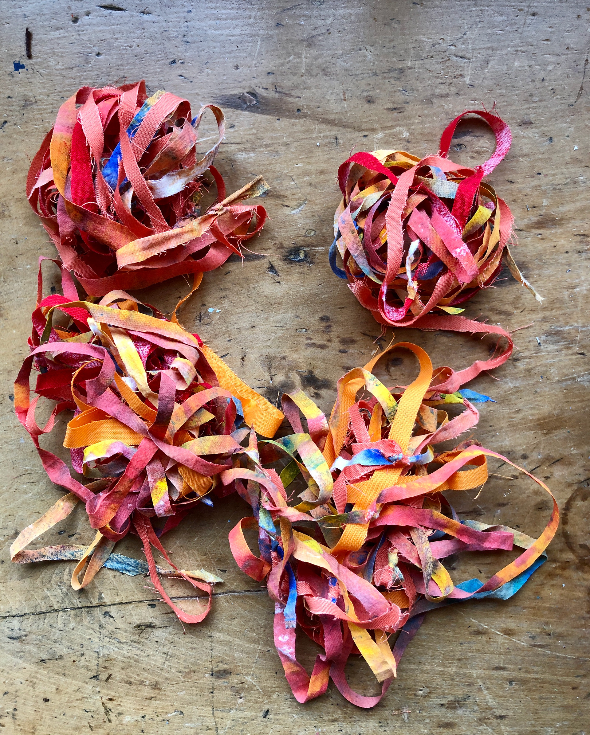 Yarn made with recycled fabric that has been painted and sliced