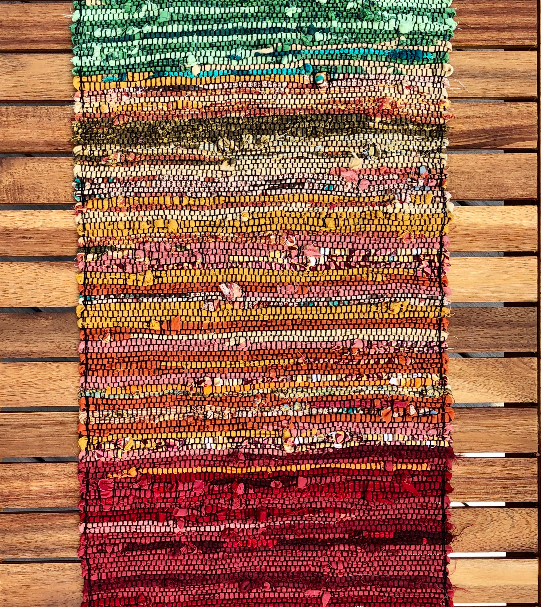 Handwoven table runner, created with upcycled fabrics