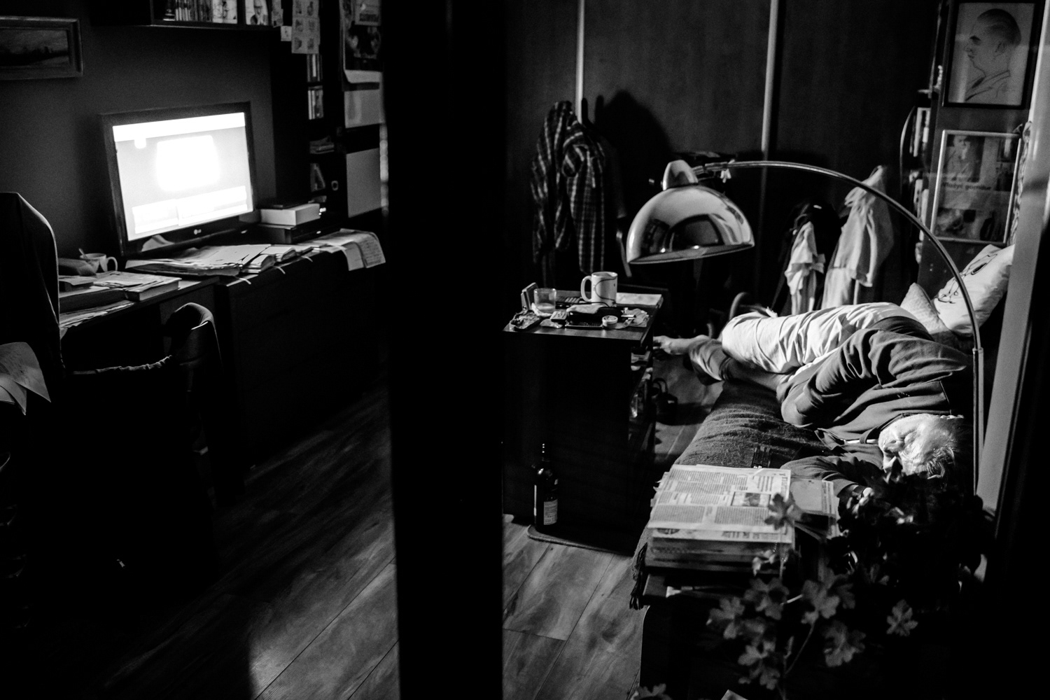 Wojtek sleeping at night in his living room