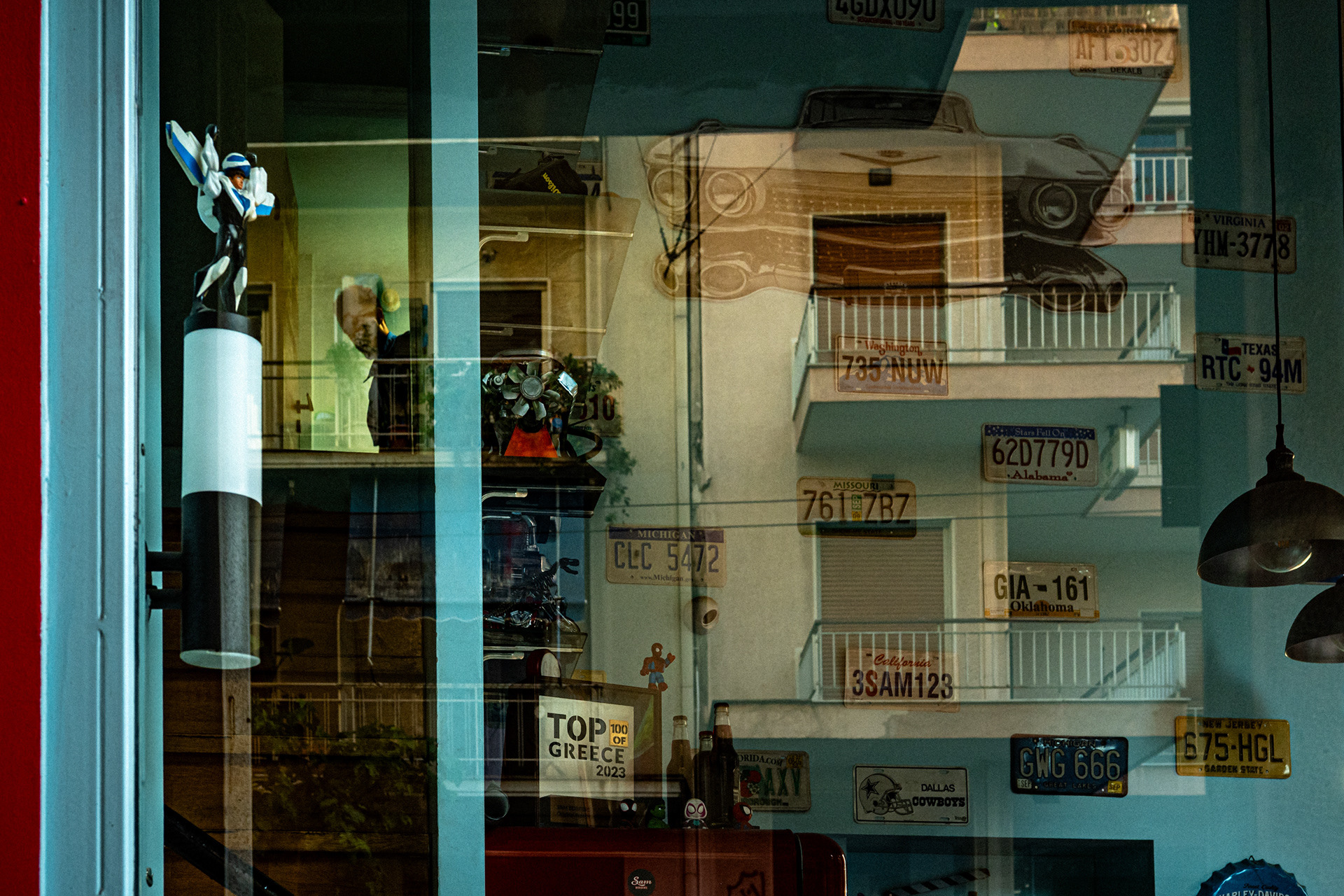 Interior view through a restaurant window