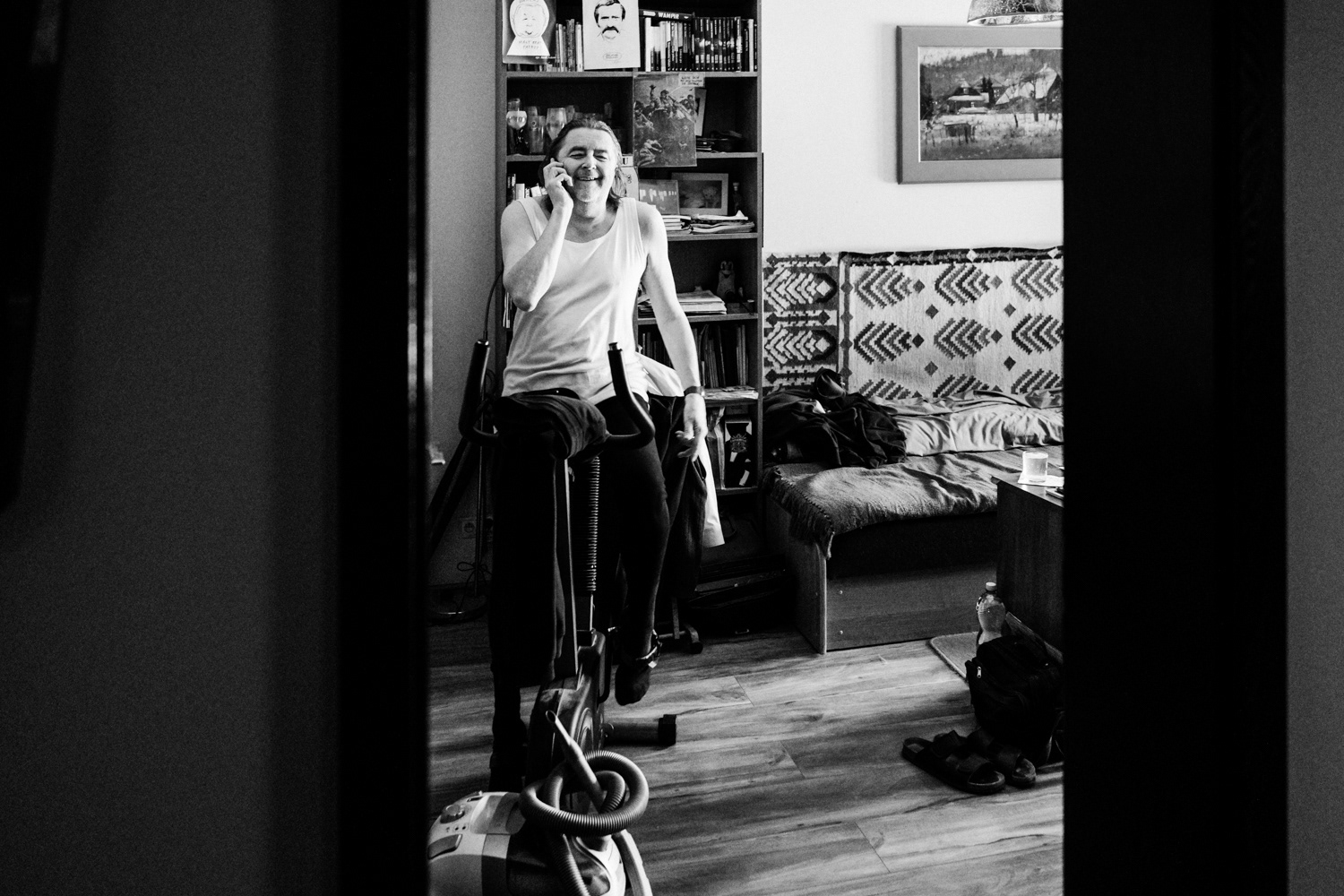 Wojtek exercising on a stationary bike at home