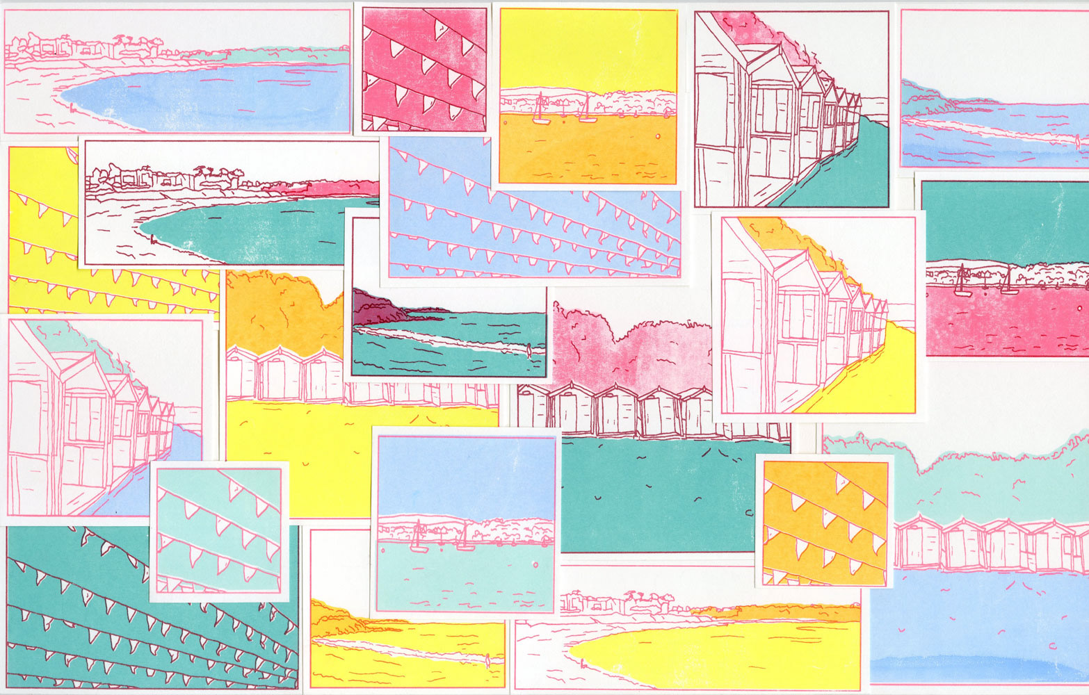 Collage of multiple 3 colour silk screen prints