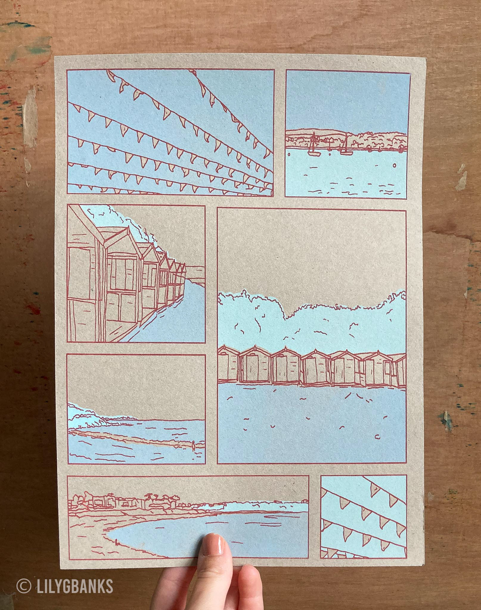 1. blue, turquoise & burgundy on oatmeal paper.