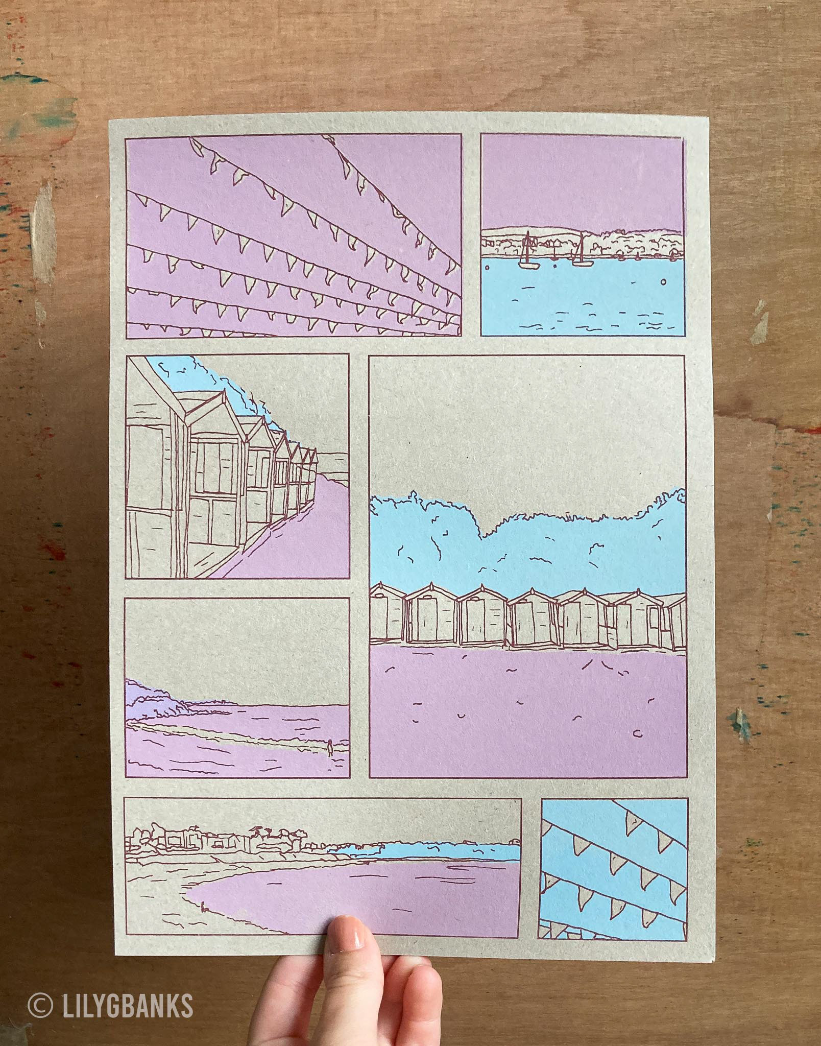 2. turquoise, lilac & burgundy on oatmeal paper.