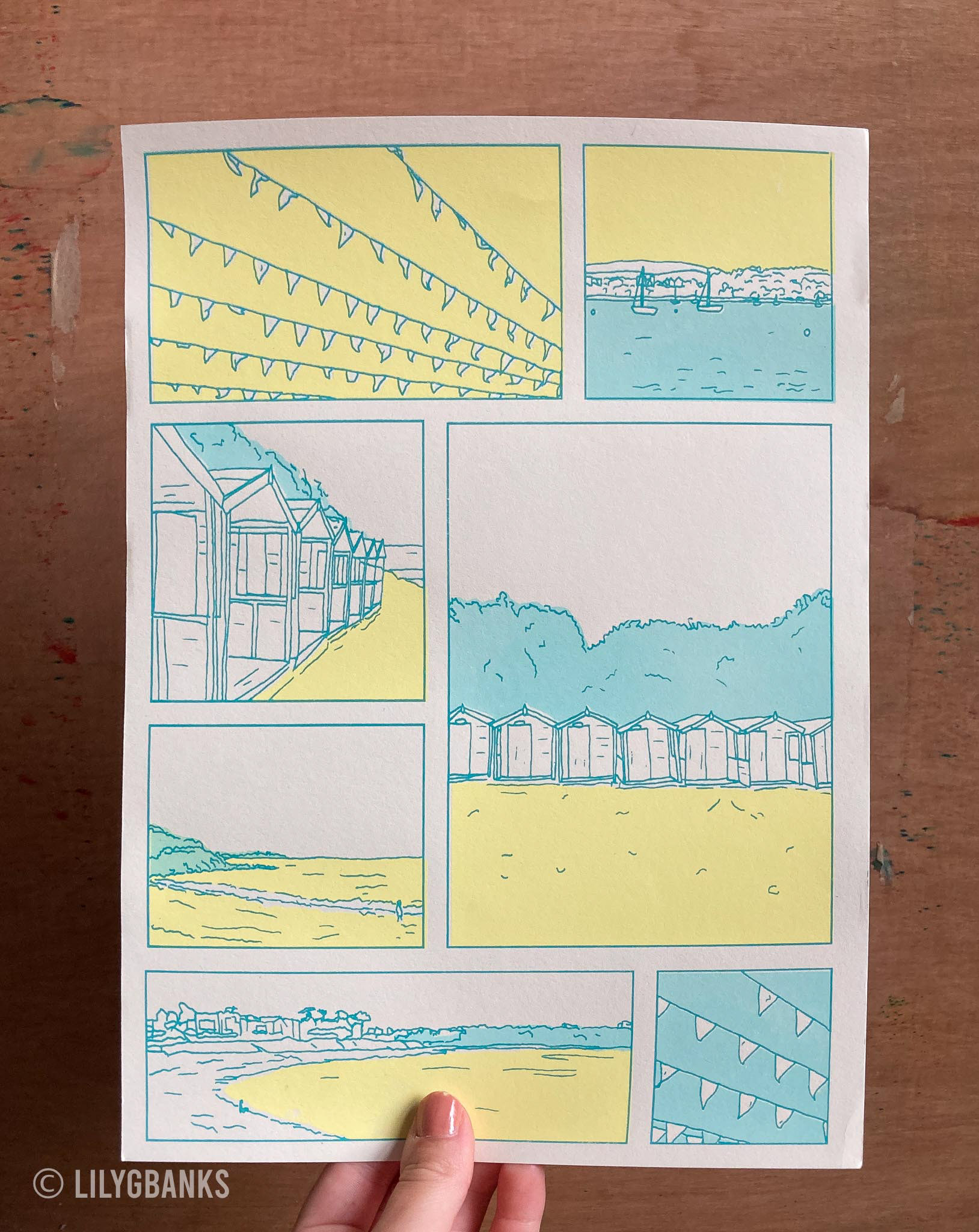 3. yellow, mint and teal on cream paper.