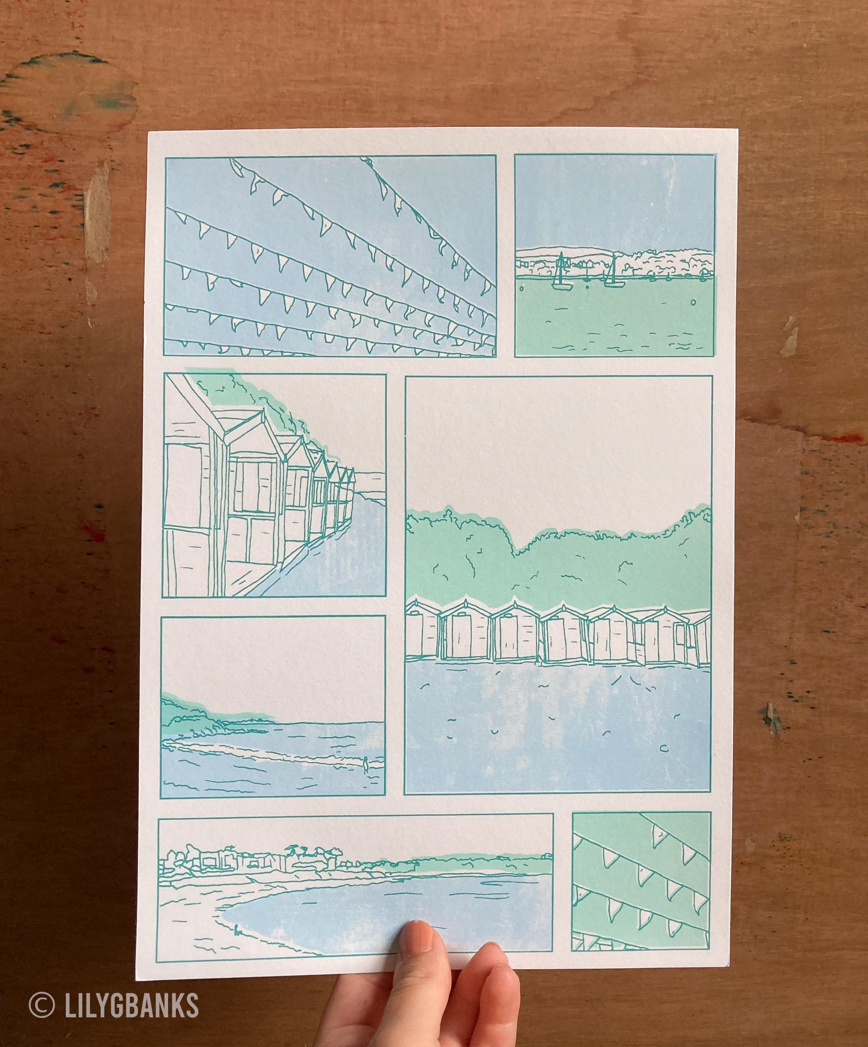 9. blue, mint & teal on off-white paper.