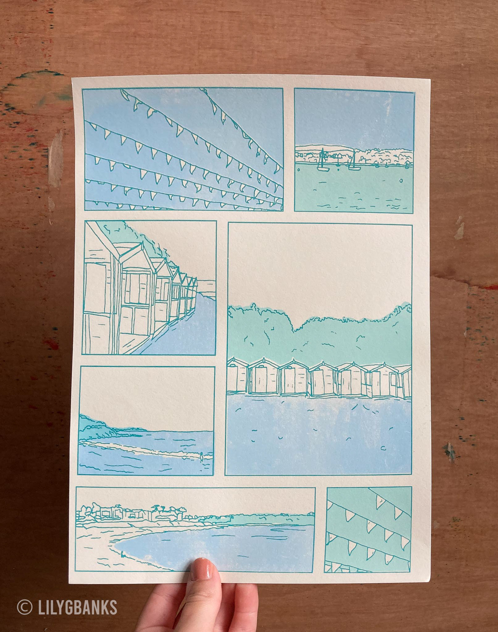 4. mint, blue and teal on cream paper.