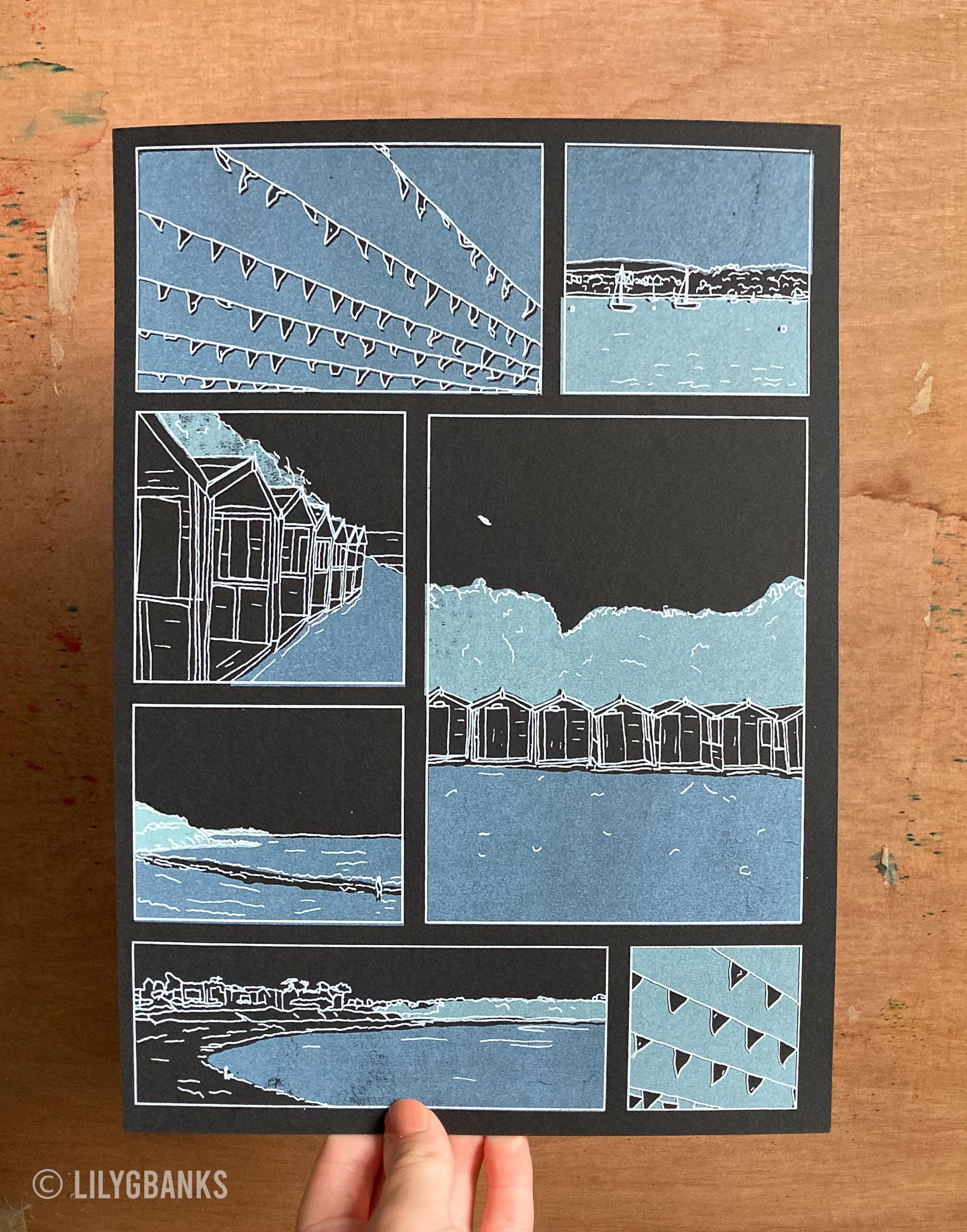 6. white, blue & turquoise on black paper.