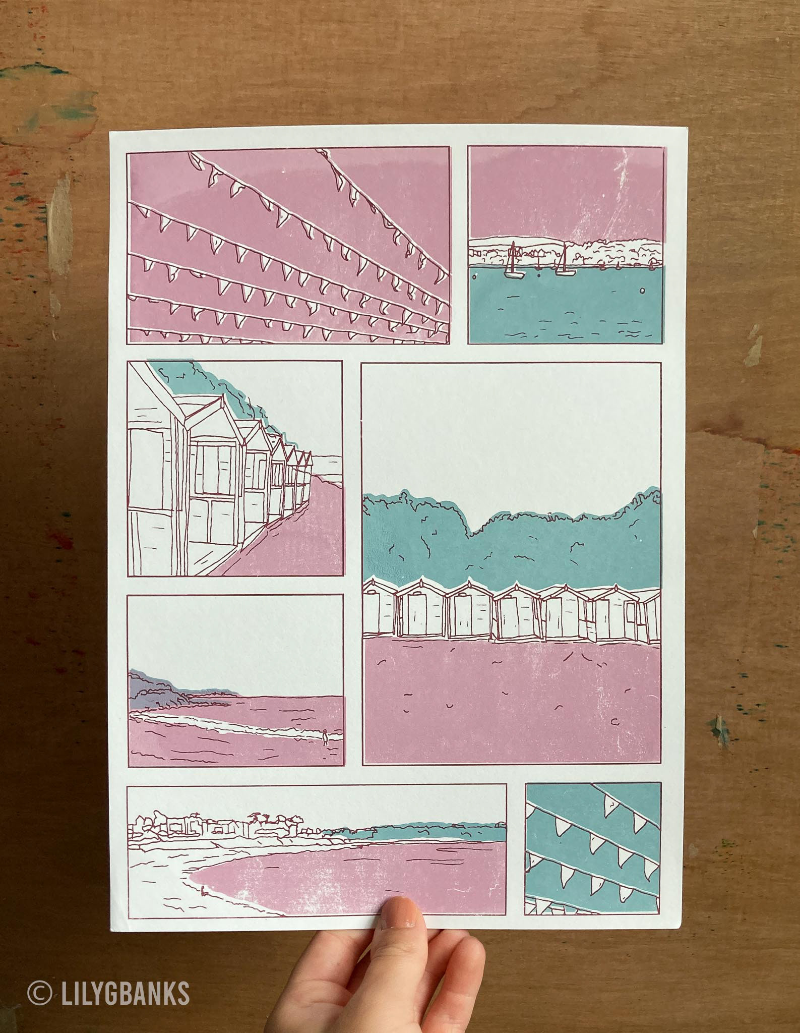 8. lilac, turquoise & burgundy on off-white paper.