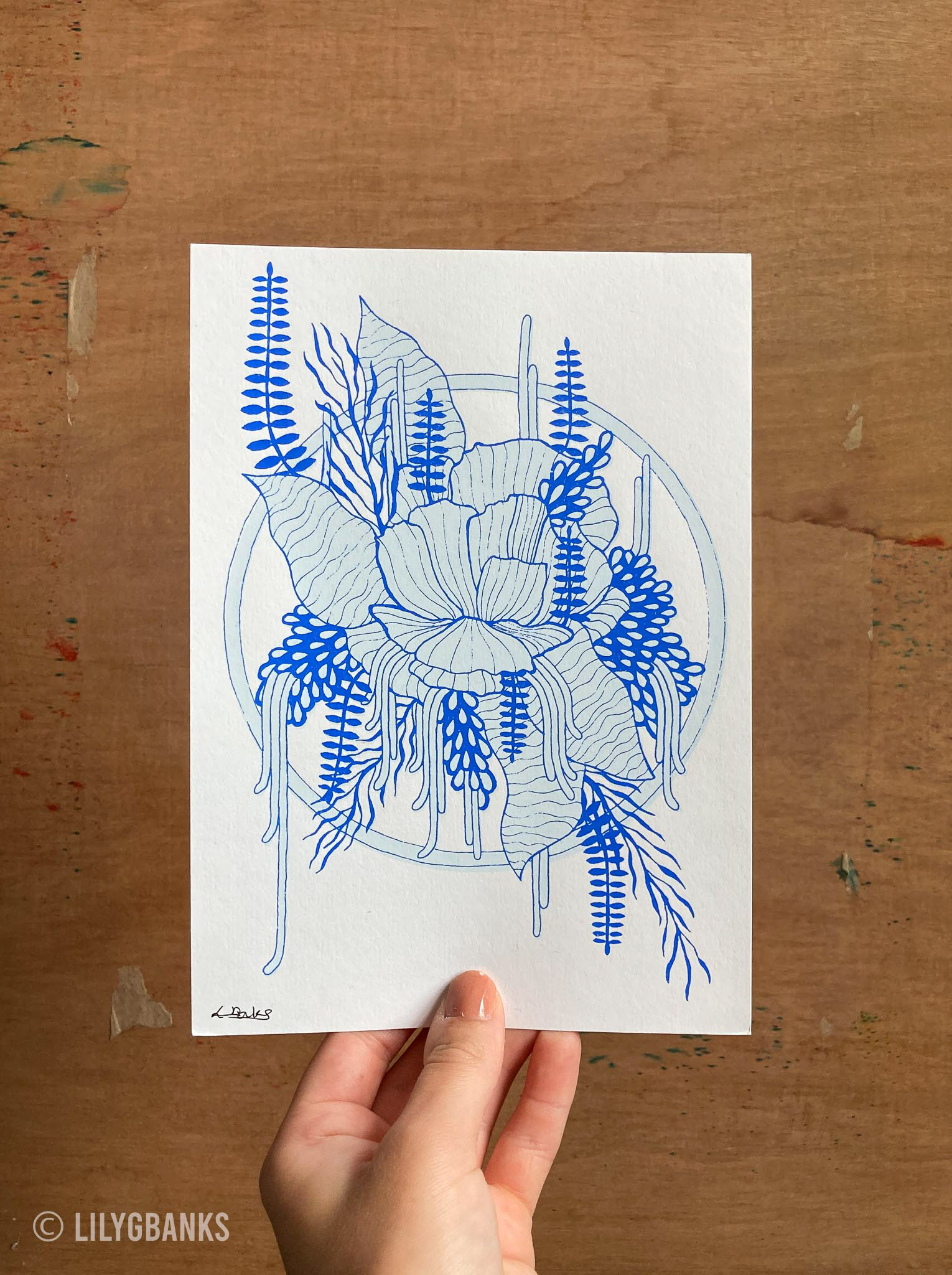 4. Pale blue & blue on off-white paper.