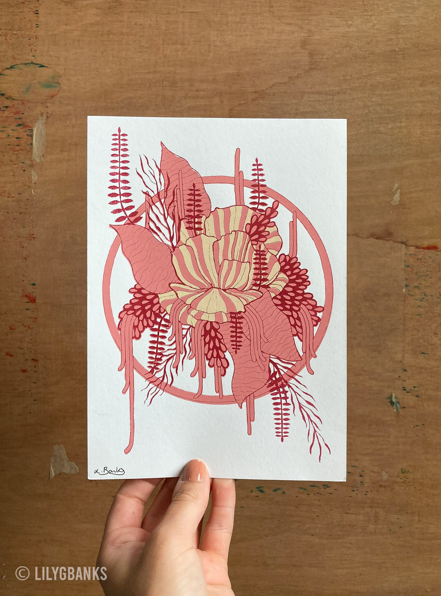 1. Pink, red & yellow on off-white paper.