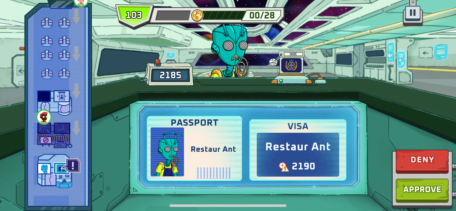 Players have to compare the alien documents with the current date and with other documents so they can approve or deny them.