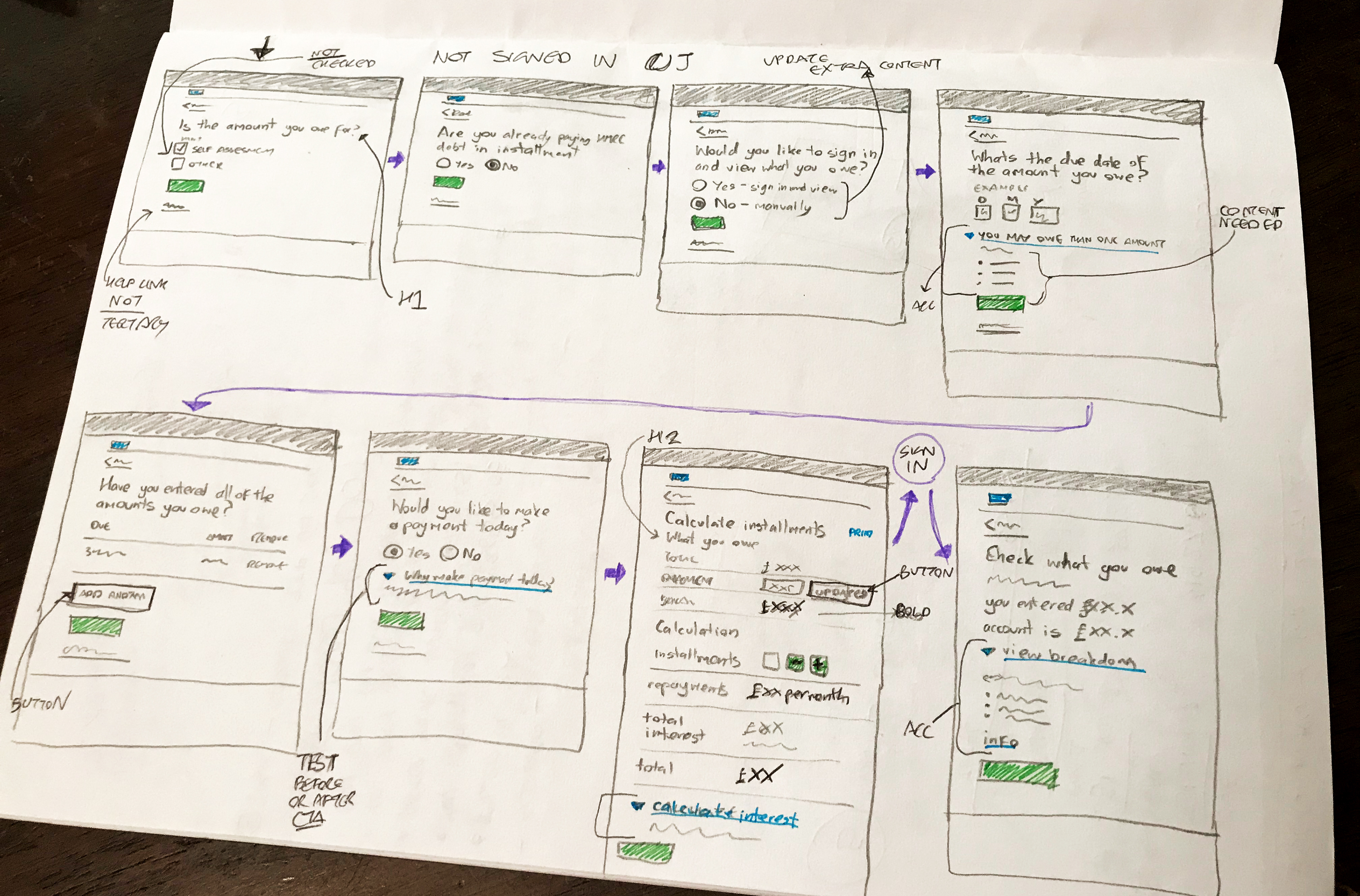 Hand drawn screenflow of the micro journey of this government servie